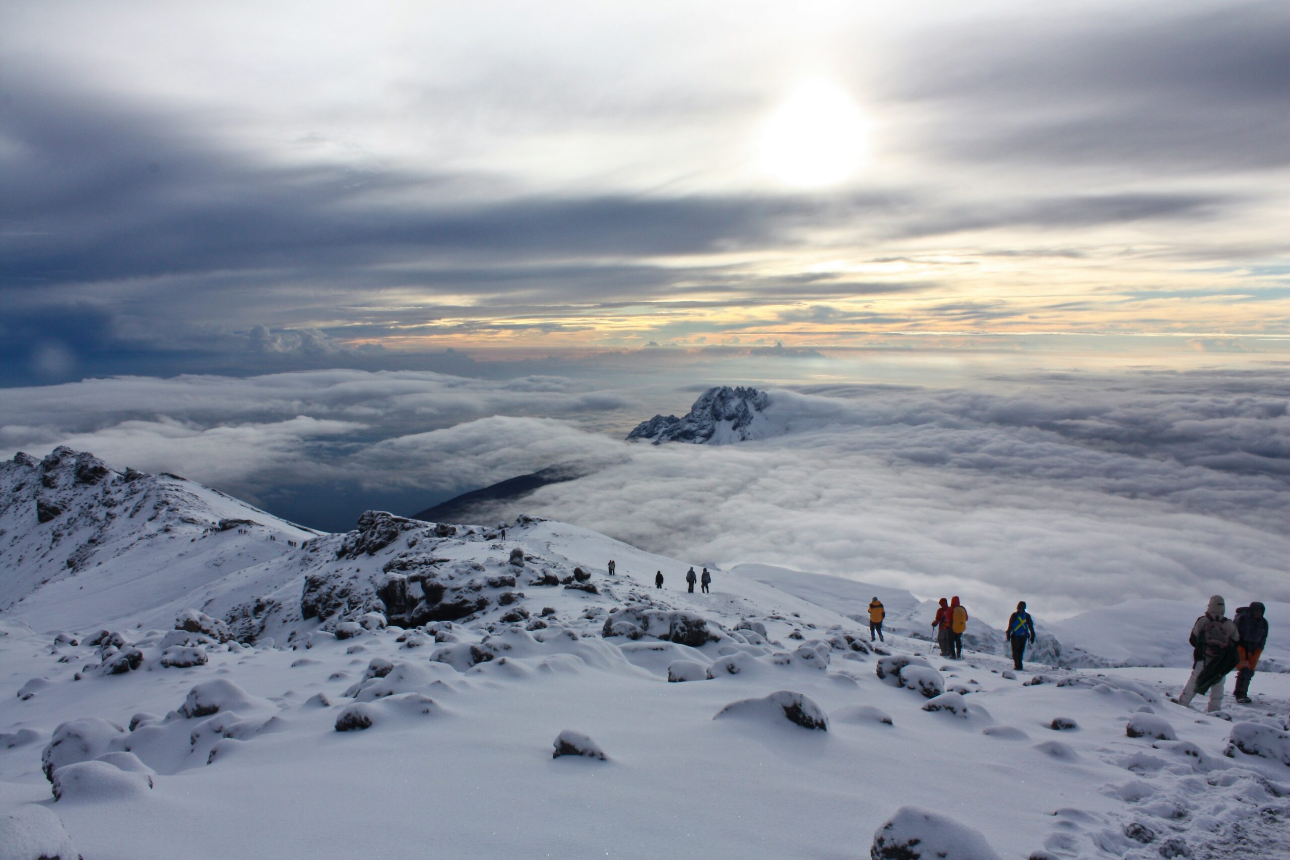 Sunrise above the clouds at Mount Kilimanjaro, just below the summit Uhuru Peak