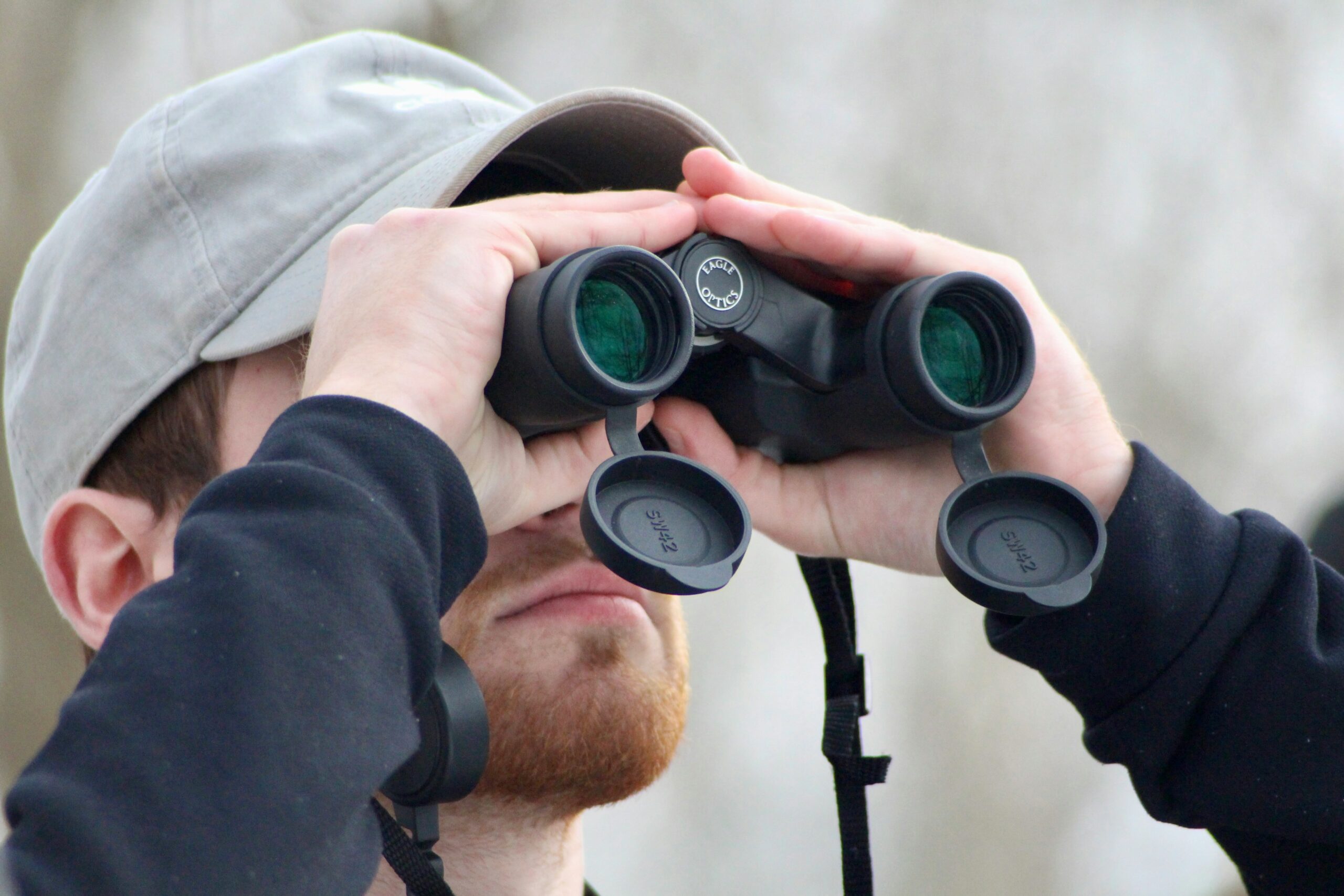 Safari tourist using binoculars to observe a large elephant from a safe and respectful distance.