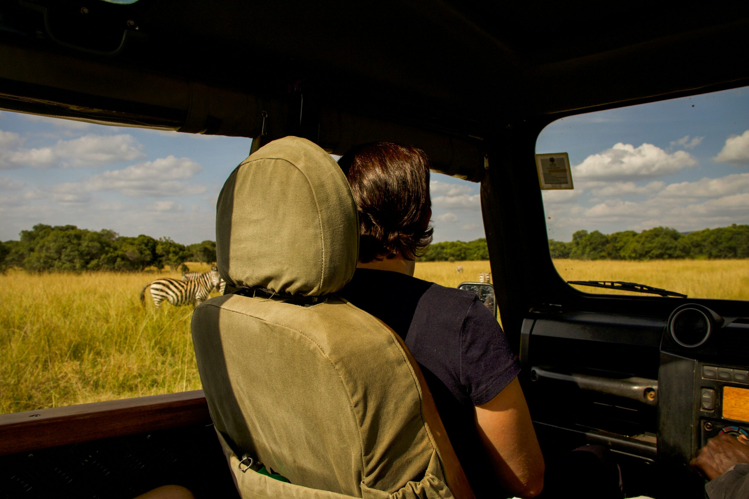 An experienced safari guide explaining wildlife behavior to attentive guests in a game drive vehicle observing safari safety