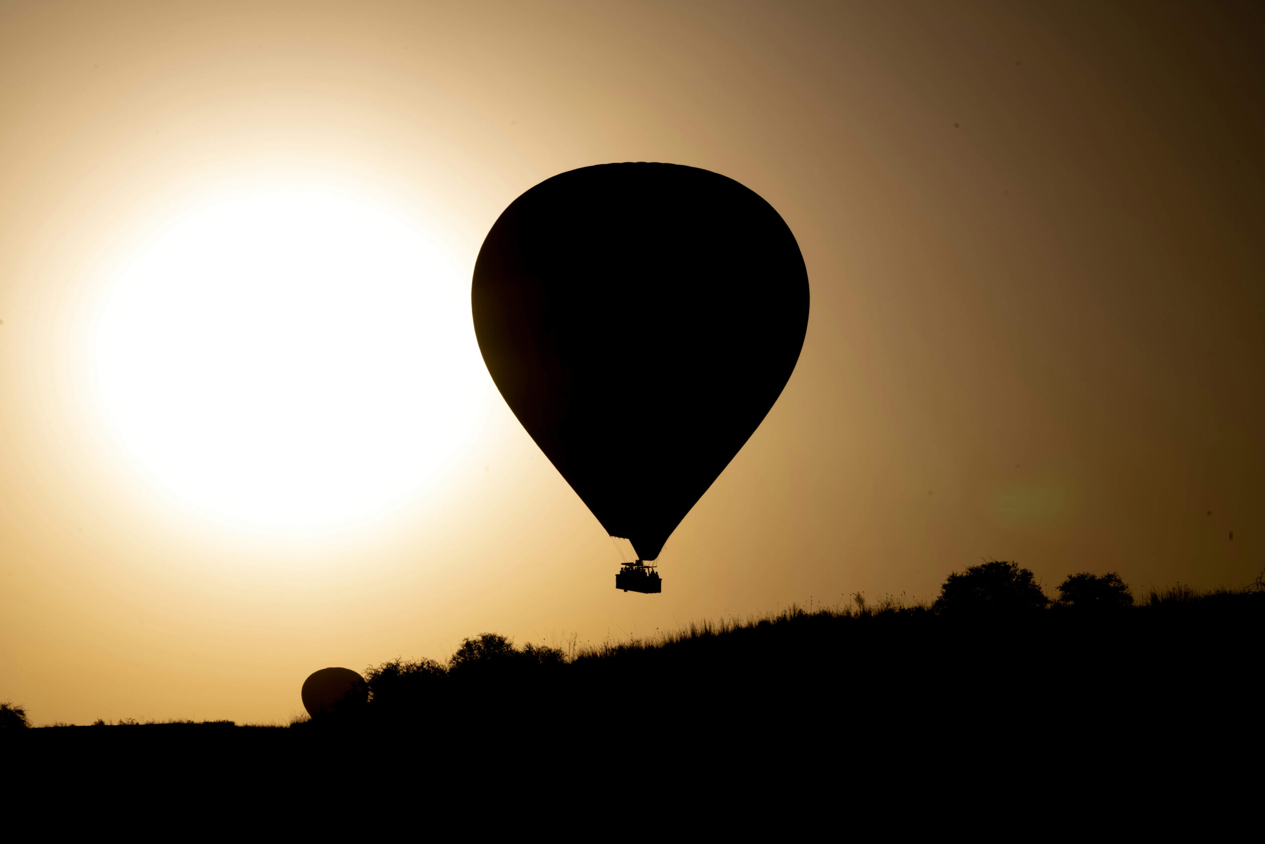 Colorful hot air balloon soaring over the Masai Mara at sunrise on a family safari